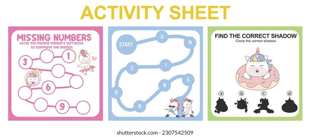 Activity sheet for children. 3 in 1 Educational printable worksheet. Missing numbers, maze game, and matching shadow worksheet. Vector illustrations.