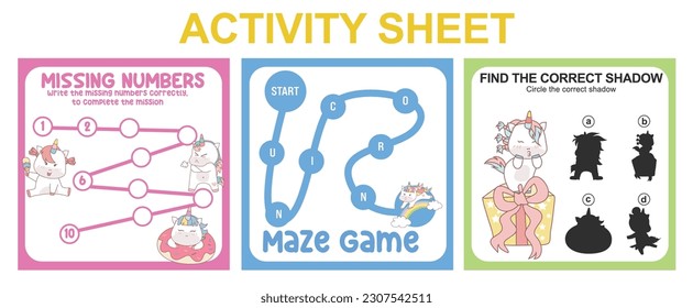 Activity sheet for children. 3 in 1 Educational printable worksheet. Missing numbers, maze game, and matching shadow worksheet. Vector illustrations.