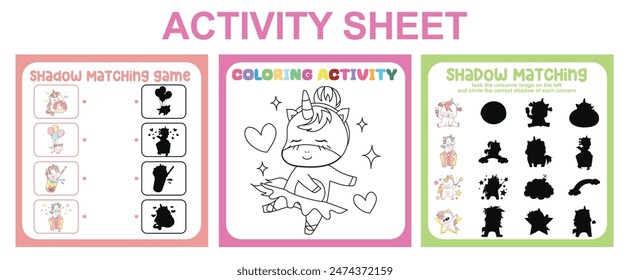 Activity sheet for children. 3 in 1 Educational printable worksheet. Matching shadow worksheet and coloring page activity. 