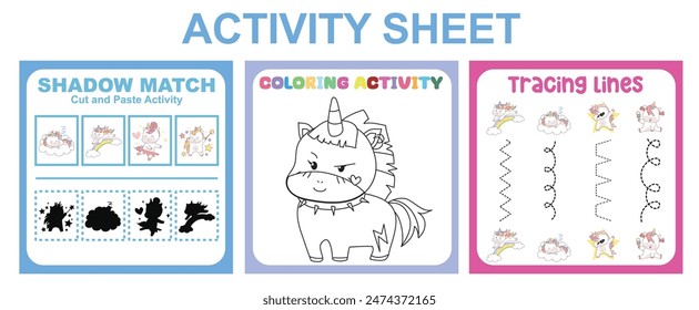Hoja de actividades para niños. 3 en 1 Hoja de trabajo educativa imprimible. Rastrear líneas, colorear la actividad de la página y hacer coincidir la sombra con la actividad de cortar y pegar. 