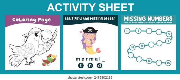 Activity sheet for children. 3 in 1 Educational printable worksheet. Coloring page, writing missing letters and missing numbers worksheet. Worksheet for preschool children