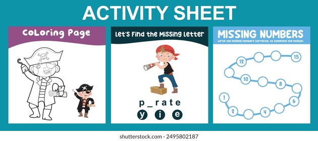 Activity sheet for children. 3 in 1 Educational printable worksheet. Coloring page, writing missing letters and missing numbers worksheet. Worksheet for preschool children