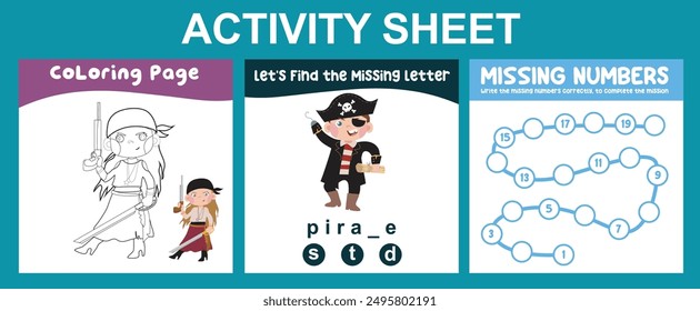 Activity sheet for children. 3 in 1 Educational printable worksheet. Coloring page, writing missing letters and missing numbers worksheet. Worksheet for preschool children
