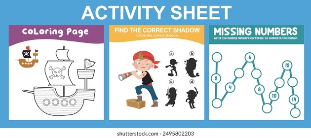 Hoja de actividades para niños. Hoja de trabajo imprimible educativa 3 en 1. Página para colorear, encuentre la hoja de cálculo de sombra y números faltantes correcta. Hoja de trabajo para niños en edad preescolar