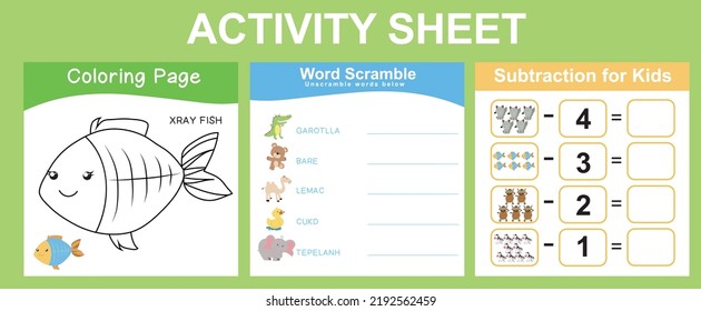 Activity sheet for children. Coloring, word scramble and subtraction worksheet. Educational printable sheet for children. Vector illustration.