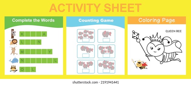 Hoja de actividades para niños. Complete las palabras, coloree el animal, contando la hoja de cálculo. Hoja didáctica imprimible para niños. Ilustración vectorial.