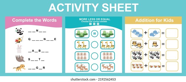 Activity sheet for children. Counting animals, complete the words, additional, more less or equal worksheet. Educational printable sheet for children. Vector illustration.