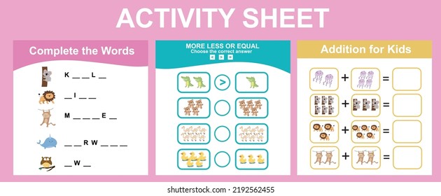 Activity sheet for children. Counting animals, complete the words, additional, more less or equal worksheet. Educational printable sheet for children. Vector illustration.