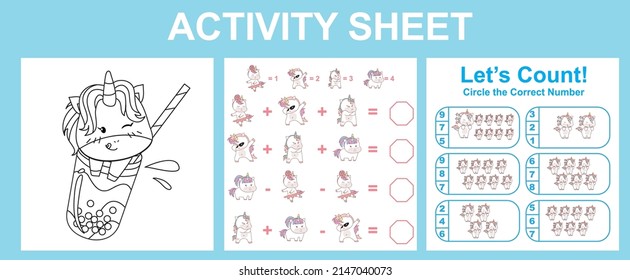 Hoja de actividades para niños. Hoja de cálculo imprimible educativa. Tema de hoja de cálculo de unicornio. Educación en técnicas motorizadas. Ilustraciones vectoriales.