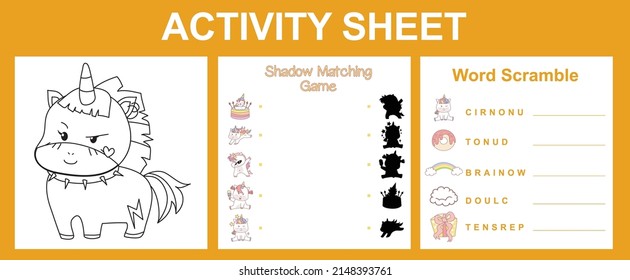 Activity Sheet For Children. Educational Printable Worksheet. Unicorn Worksheet Theme. Motor Skills Education. Vector Illustrations.