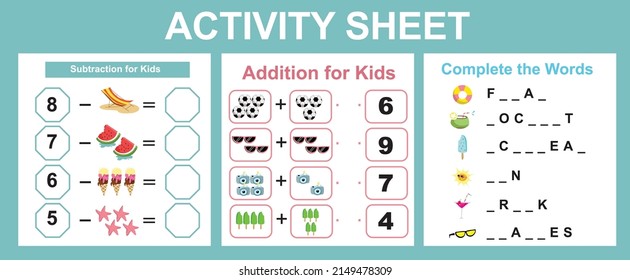Activity sheet for children. Educational printable worksheet. Summer worksheet theme. Motor skills education. Vector illustrations.