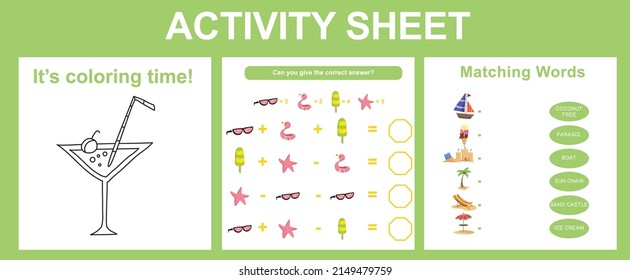 Activity sheet for children. Educational printable worksheet. Summer worksheet theme. Motor skills education. Vector illustrations.