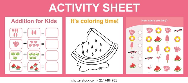 Activity sheet for children. Educational printable worksheet. Summer worksheet theme. Motor skills education. Vector illustrations.