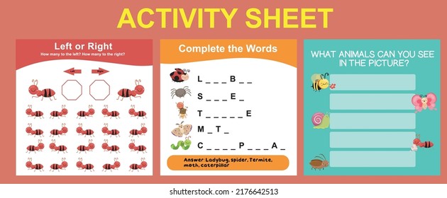 Hoja de actividades para niños. Hoja de cálculo imprimible educativa. Tema de la hoja de cálculo Animales. Ilustraciones vectoriales.