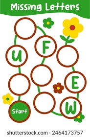 activity sheet for children missing letters with sunflower theme. Education worksheet Printable A4 size