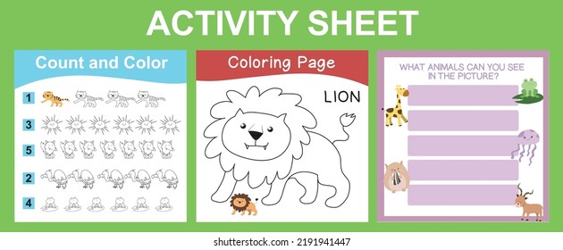 Activity sheet for children. Writing, coloring, count and color worksheet. Educational printable sheet for children. Vector illustration.