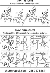 Activity sheet for kids with two puzzles. Building blocks, playful cat. Rockets, or spaceships.
