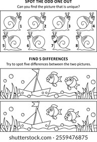 Activity sheet for kids with two puzzles. Snails. Pond, boat, fish.
