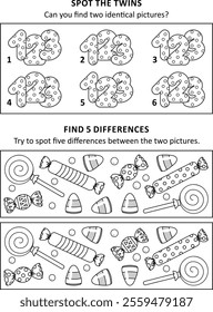 Activity sheet for kids with two puzzles. Dotted numbers. Halloween candy and sweets.
