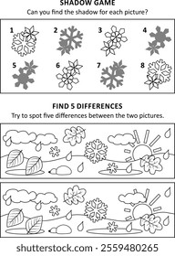 Activity sheet for kids with two puzzles. Snowflakes. Winter scene. 
