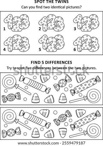 Activity sheet for kids with two puzzles. Dotted numbers. Halloween candy and sweets.
