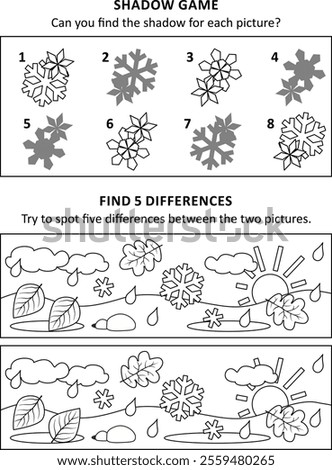 Activity sheet for kids with two puzzles. Snowflakes. Winter scene. 
