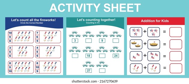 Activity sheets for kids. Cute printable templates with America Independence Day theme. Vector illustrations.