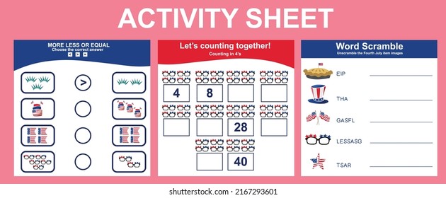 Activity sheets for kids. Cute printable templates with America Independence Day theme. Vector illustrations.