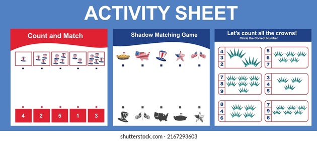 Activity sheets for kids. Cute printable templates with America Independence Day theme. Vector illustrations.