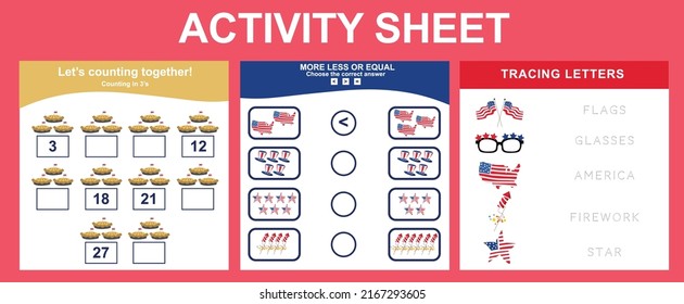 Activity sheets for kids. Cute printable templates with America Independence Day theme. Vector illustrations.