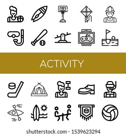 activity simple icons set. Contains such icons as Basketball, Diving glasses, Surfboard, Baseball ball, Seesaw, Kite, Game, Hunter, Golf, can be used for web, mobile and logo