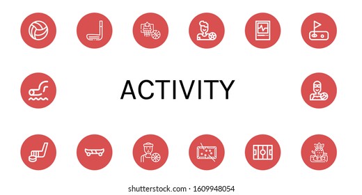 activity simple icons set. Contains such icons as Beach ball, Golf stick, Basketball, Football player, Ecg, Golf, Hockey stick, Skate board, can be used for web, mobile and logo