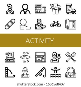 activity simple icons set. Contains such icons as Judo, Snowboard, Athlete, Golf ball, Swimming pool, Shooter, Diet, Bicycle, Ice skate, Yoga mat, can be used for web, mobile and logo