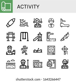 activity simple icons set. Contains such icons as Yoga mat, Surfboard, Bulldozer, Gymnast, Baseball player, Fitness, Bench press, Swing, Toboggan, can be used for web, mobile and logo