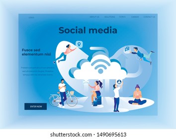 Activity in Social Media Landing Page with People Characters Standing, Sitting, Flying while Networking via Smartphone. Vector Flat Metaphor Illustration. Cloud Storage. Information Exchange in Media