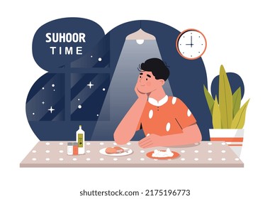 Actividad a tiempo. La tradición islámica y la religión. El tipo esperando por la noche para empezar a comer. El hombre se sienta frente a los tazones de arroz y pollo. Concepto del mes de Ramadán. Dibujo vectorial plano de dibujos animados