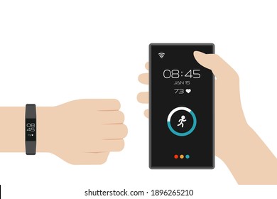 activity tracker bracelet with hands holding smartphone vector illustration