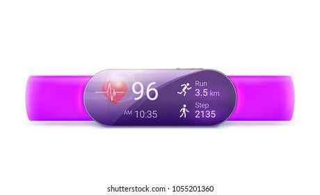 Rastreador de actividades aislado en fondo blanco, ilustración 3D. Dispositivo móvil moderno. Monitor con aplicación de fitness en ejecución con función de seguimiento de distancia y reloj. Concepto de reloj inteligente