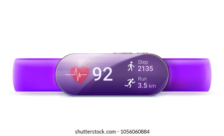 Activity tracker isolated on white background, 3D illustration. Modern mobile device for wear on the wrist. Running a fitness app with clock and distance tracking function. Concept of smart watch.