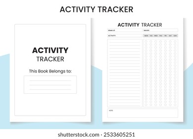 Activity Tracker Log Book design template, interior design with black and white paper