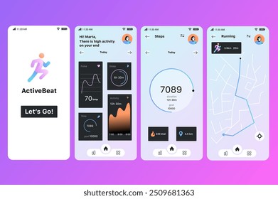 Activity tracking app concept in flat design. An in-depth look at the ActiveBeat fitness app, showing UI elements for tracking various fitness and health metrics. Vector Illustration.