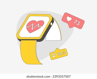 Concepto de seguimiento de actividades. Atención de salud inteligente y entrenamiento de fitness. Pulsera de fitness con cardiograma. Cardio y vector de entrenamiento activo ilustración aislada en fondo blanco