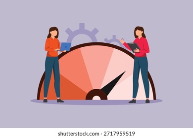 Activity of two people conducting analysis related to benchmarking. Benchmarking Concept. Colored flat vector illustration isolated