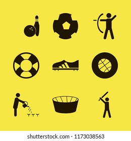 activity vector icons set. with archer, football ball, bowling ball pin and football stadium in set