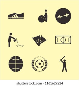 activity vector icons set. with basketball ball, dumbbell, football shoe and football stadium in set