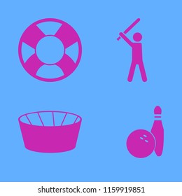 activity vector icons set. with bowling ball pin, baseball player, football stadium and lifebuoy in set