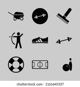 activity vector icons set. with dumbbell, archer, football stadium and lifebuoy in set