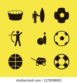 activity vector icons set. with football ball, basketball ball, lifebuoy and surfer with board in set
