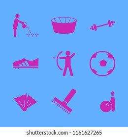 activity vector icons set. with soccer ball, archer, rake and flippers in set