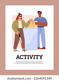 Activity of visually impaired people and inclusiveness of the urban environment and socialization of people with disabilities banner or poster, flat vector illustration.